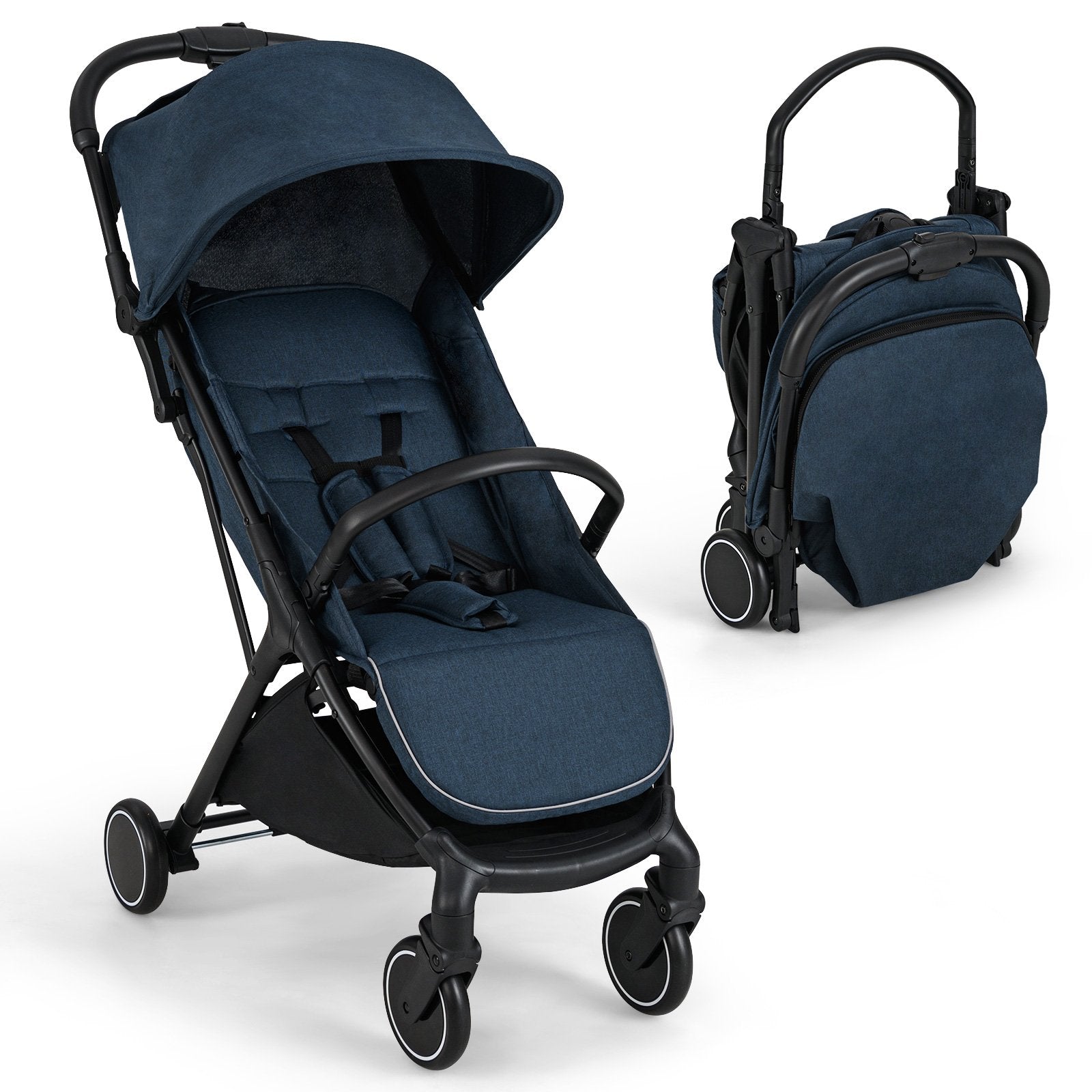 Hopfällbar – barnvagn resebuggy med liggfunktion barnbuggy bärbar justerbart ryggstöd upp till belastning – 15 kg – Blå