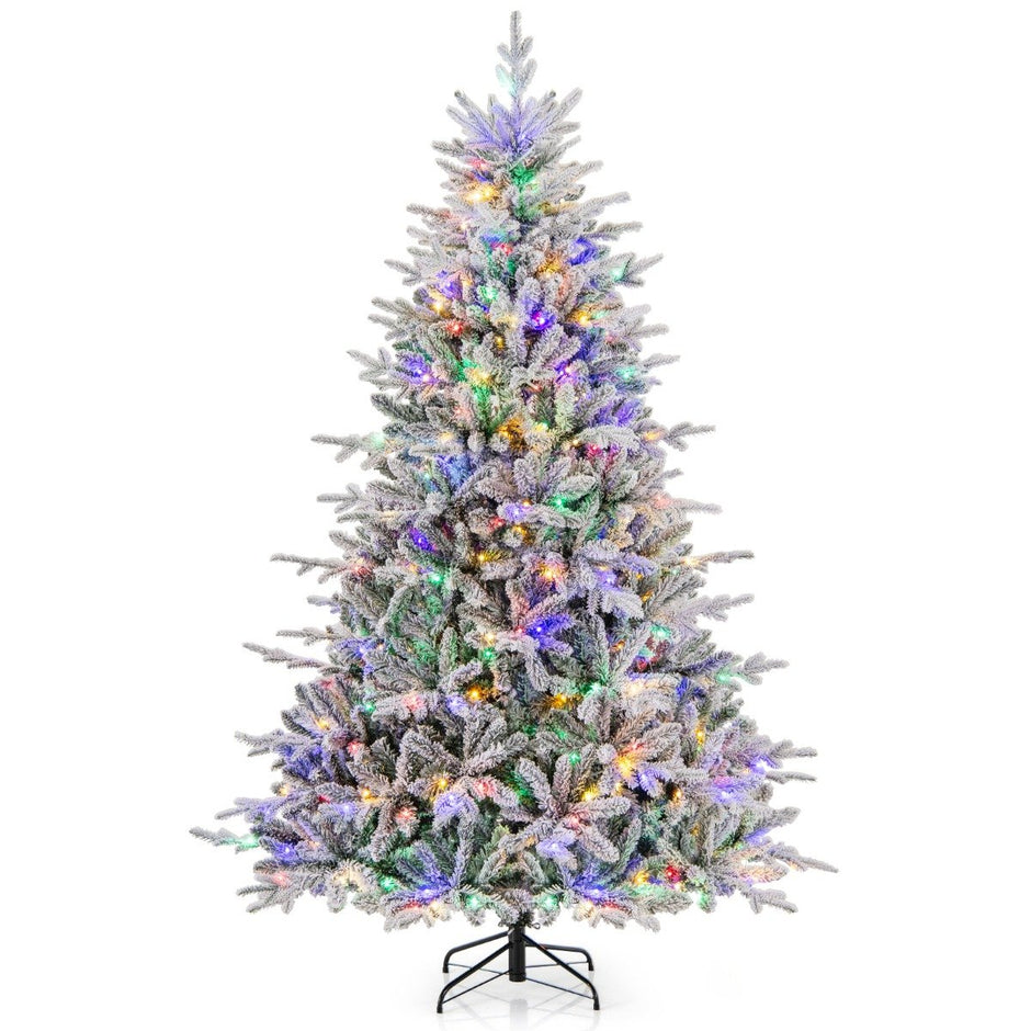 Hög – flockad julgran, konstgjord med ljuslägen och flerfärgade LED lampor – 8 350 218 cm – Vit