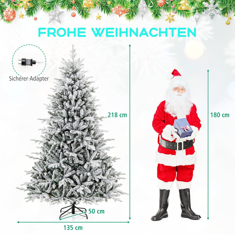 Hög – flockad julgran, konstgjord med ljuslägen och flerfärgade LED lampor – 8 350 218 cm – Vit