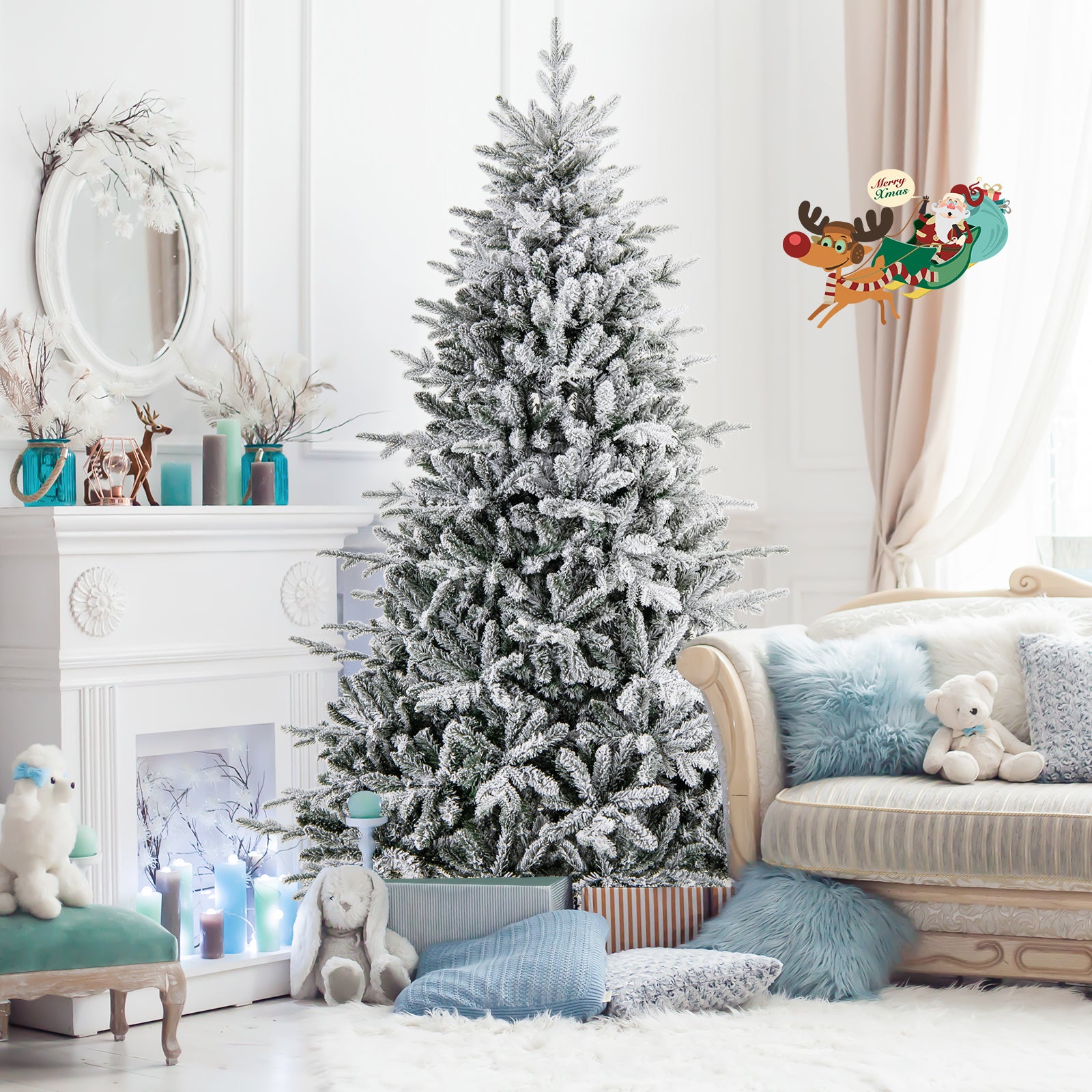 Hög – flockad julgran, konstgjord med ljuslägen och flerfärgade LED lampor – 8 350 218 cm – Vit