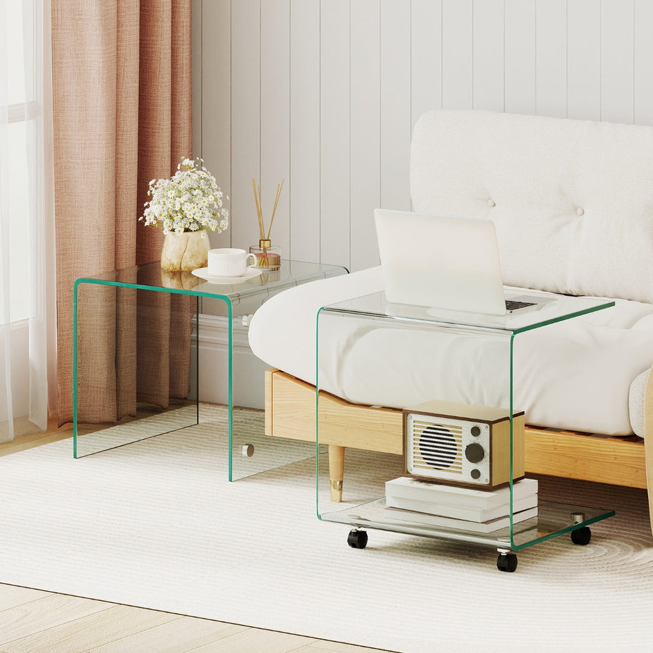Sidobord – i härdat glas med hjul C formad Nattduksbord Soffbord Kaffebord Transparent – Genomskinlig