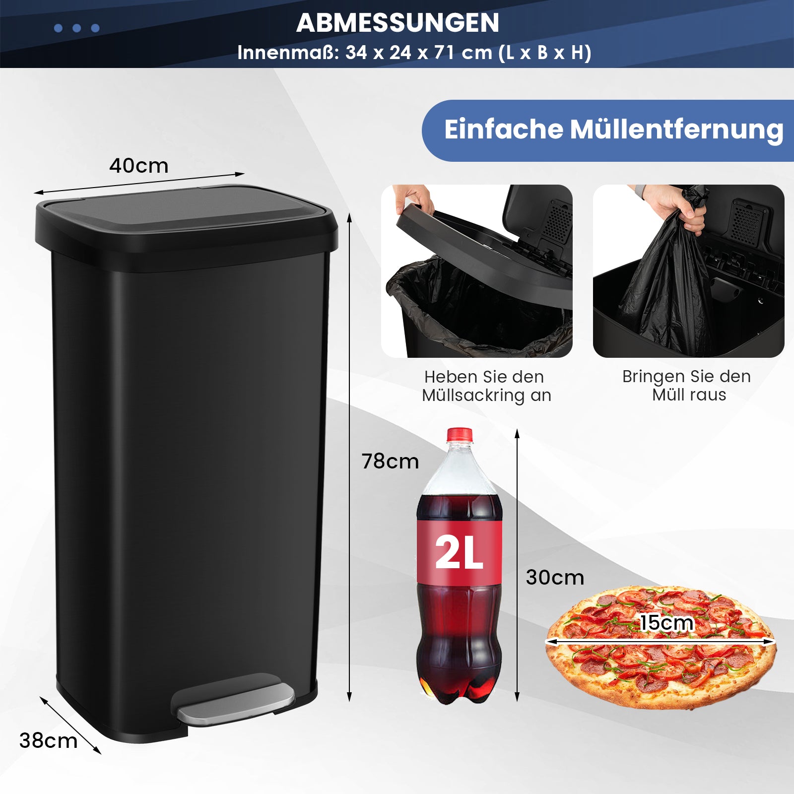 68L – Kökssopkärl med mjukt stängande lock och avfuktarutrymme, soptunna – Svart