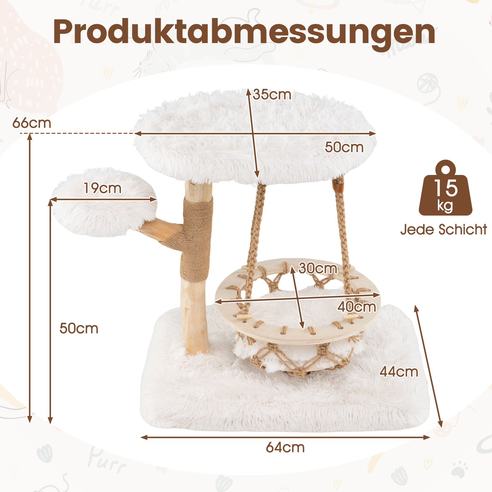 Massivt – trä klösträd med hängande vagga och sisal klösposter modern kattställning – Vit