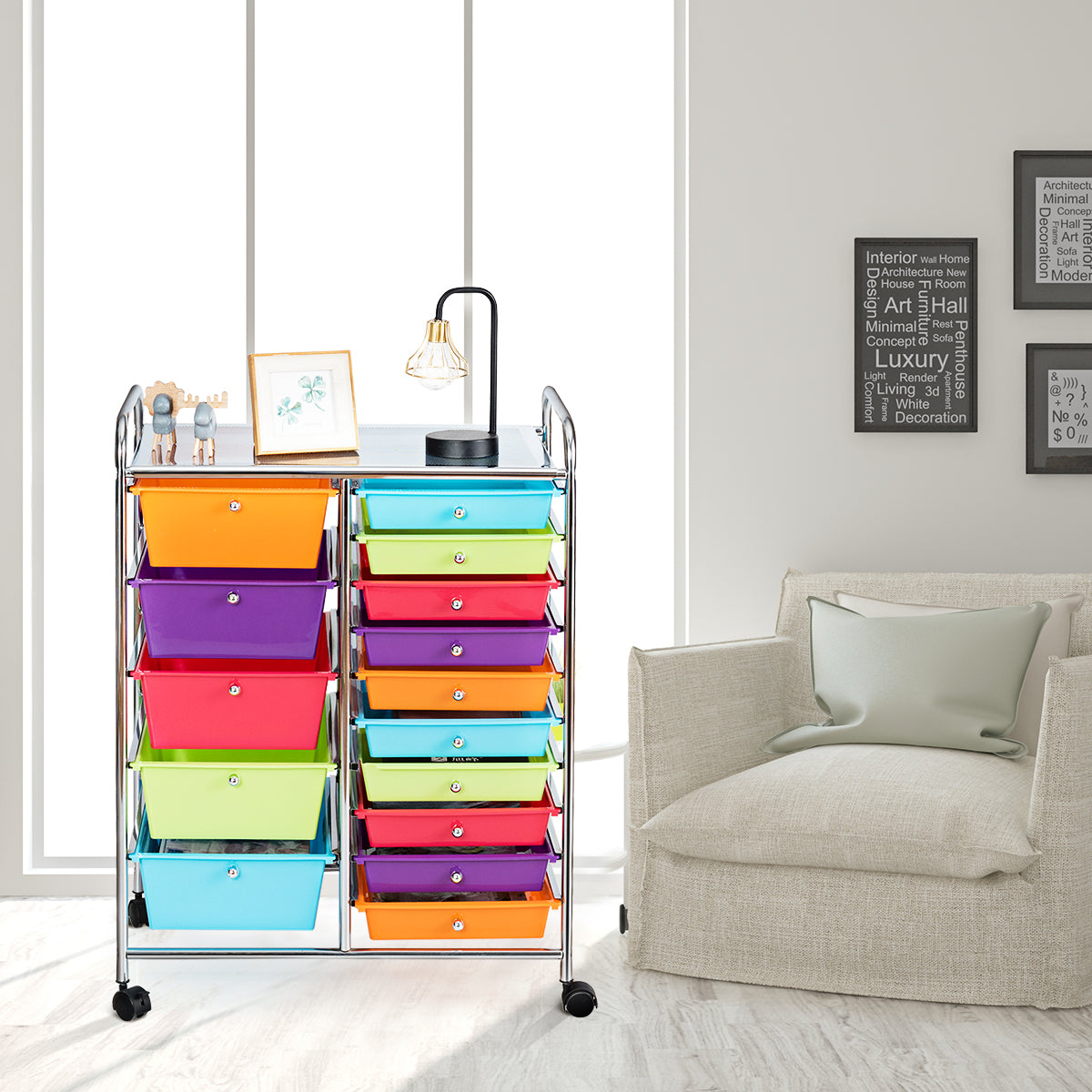 Vagn – med stapelbara lådor Rullbehållare /Gul Färgrik – 15 62,5 x 37 x 87 cm – Färgglad