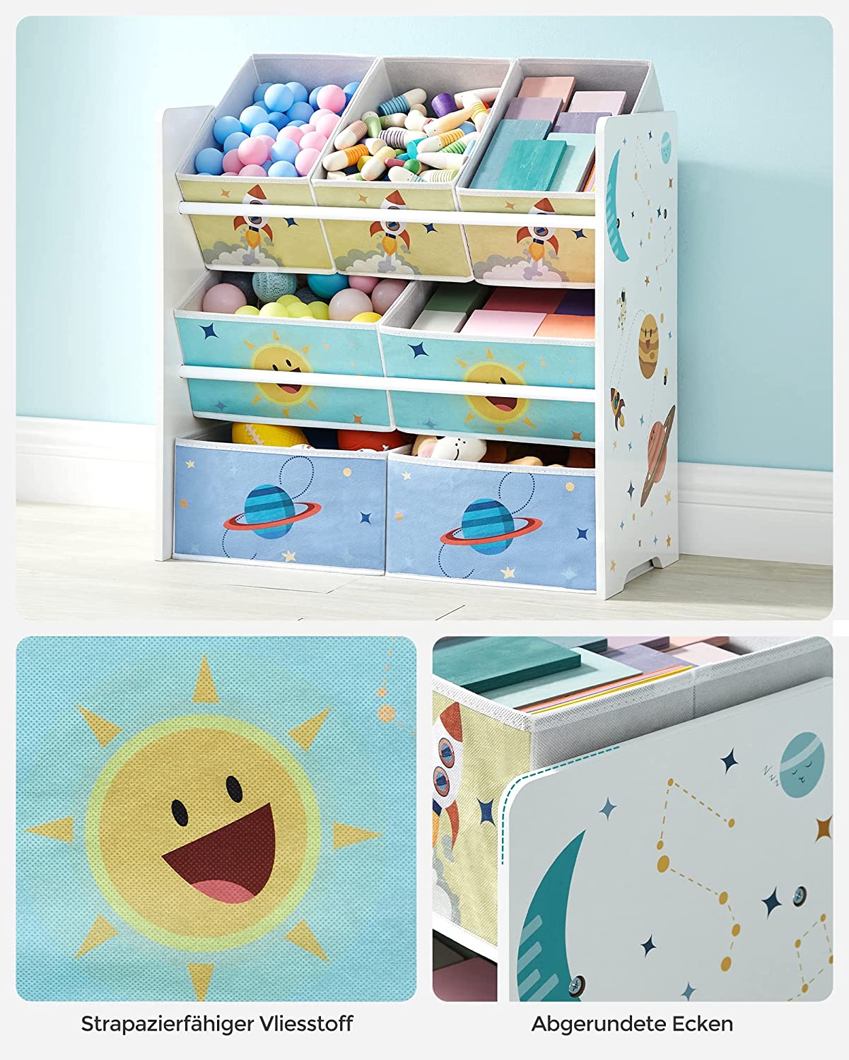 Kindergärtenständer - Spielzeugschrank - mit 7 Aufbewahrungsboxen mit Stoffen - Weiß