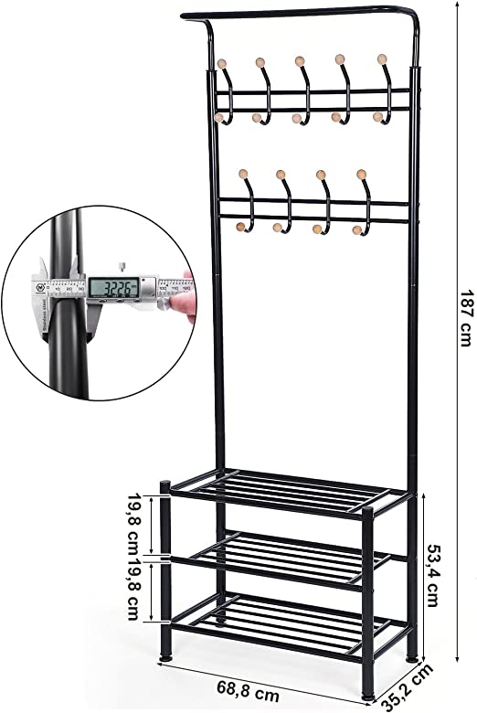 Kleidungsregal - mit 3 Schuhregalen - mit 18 Haken - Metall - 68,8 x 35,2 x 187 cm