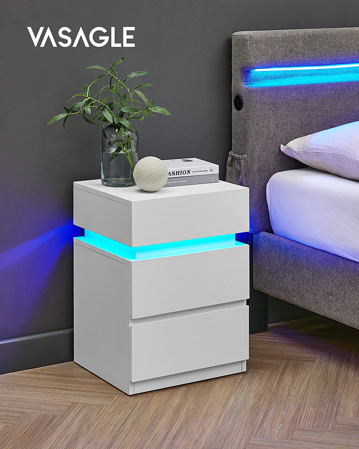 Nachttisch - Seitentisch - mit LED -Beleuchtung - Verstellbare Farben - mit 3 Schubladen - Weiß