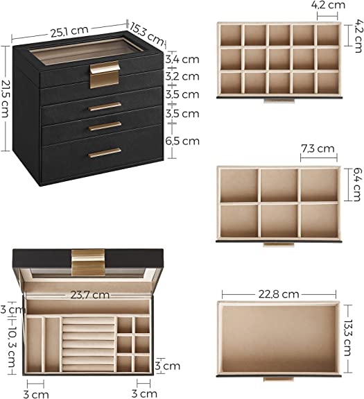 Schmuckschachtel - Schmuckschachtel - mit 4 Levels - mit Glasdeckel - 3 Schubladen - Schwarz