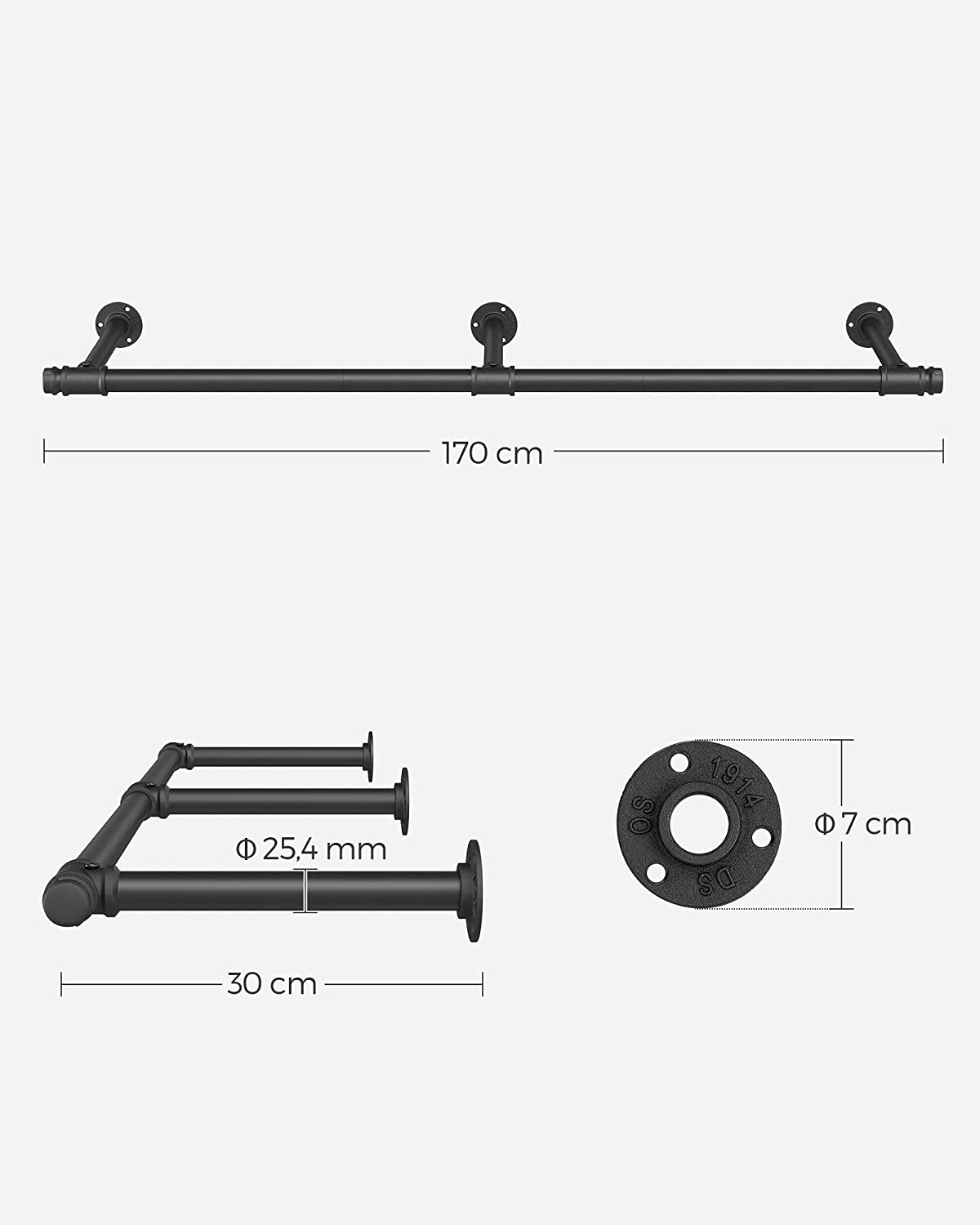 Bekleidungsstange - Wandgarderobe - Industrial - 68 kg Ladungskapazität - Schwarz