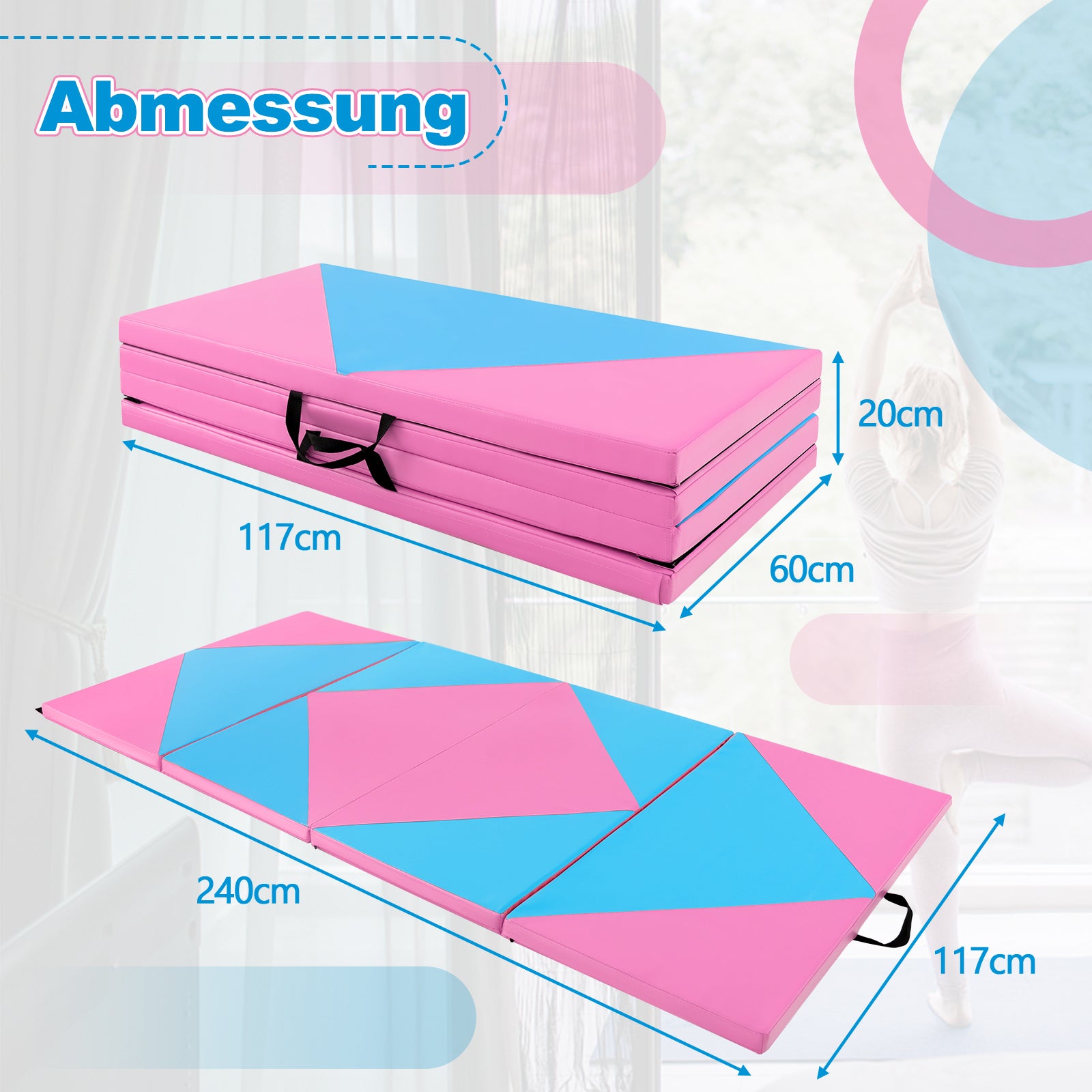 Fällbar – mjuk golvmatta Bärbar gymnastikmatta Yogamatta Rosa + – 240 x 117 x 5 cm – Ljusblå