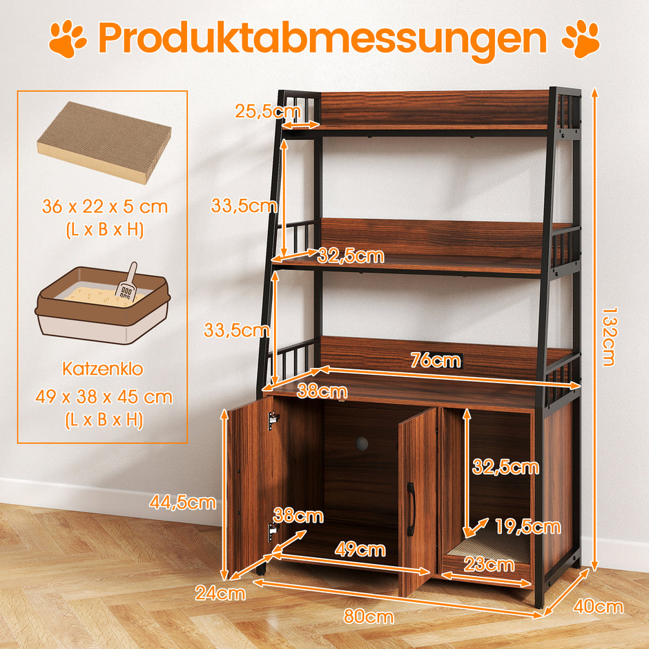 Kattenskåp – med bokhylla laddstation nivåer klösmatta och ingång – 3 80 x 40 x 132 cm – Valnöt