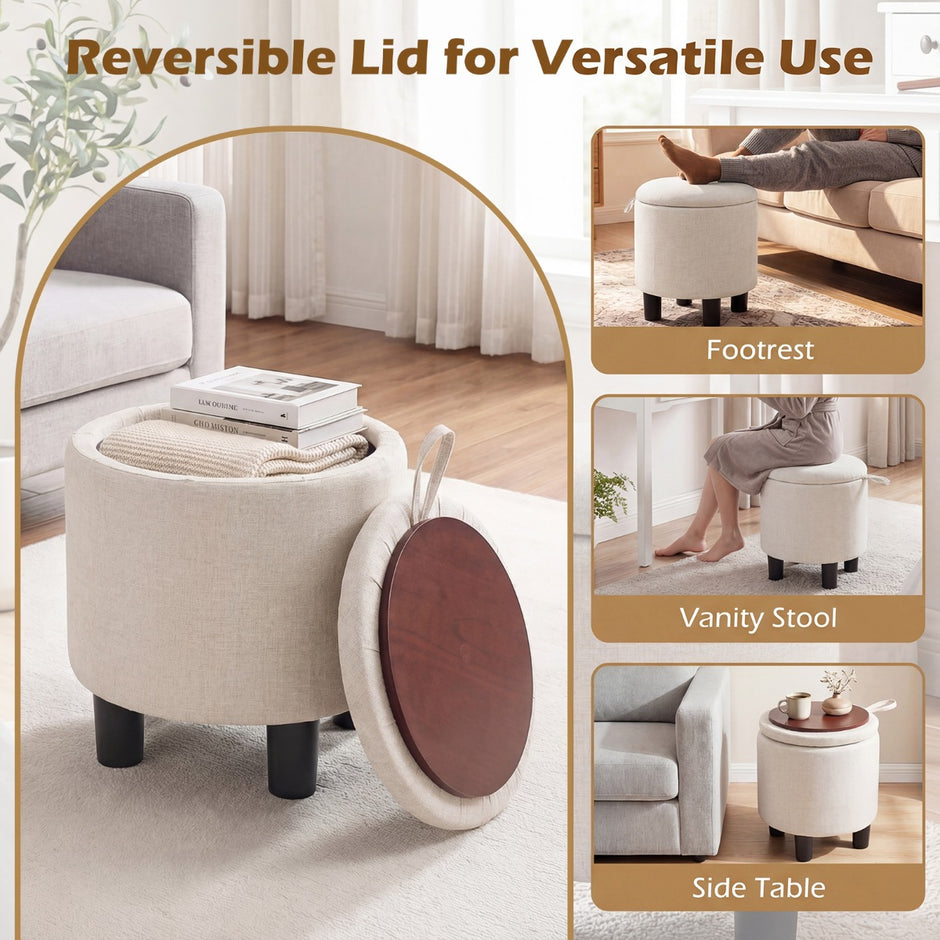 Rund – sittpall i linne cm, vadderad fotpall med förvaring – Ø 38 – Beige