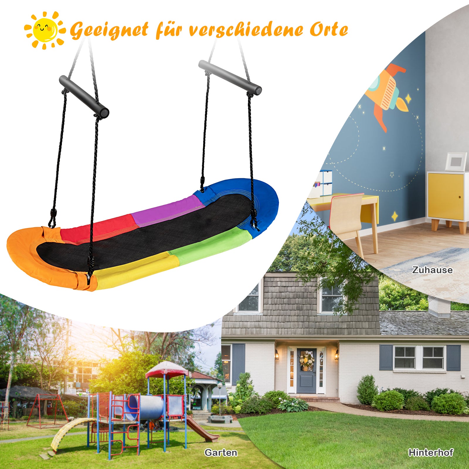 Bogunga – barnträdsgunga med justerbar rephängande – 100-160 cm 123 x 45 cm – Färgglad