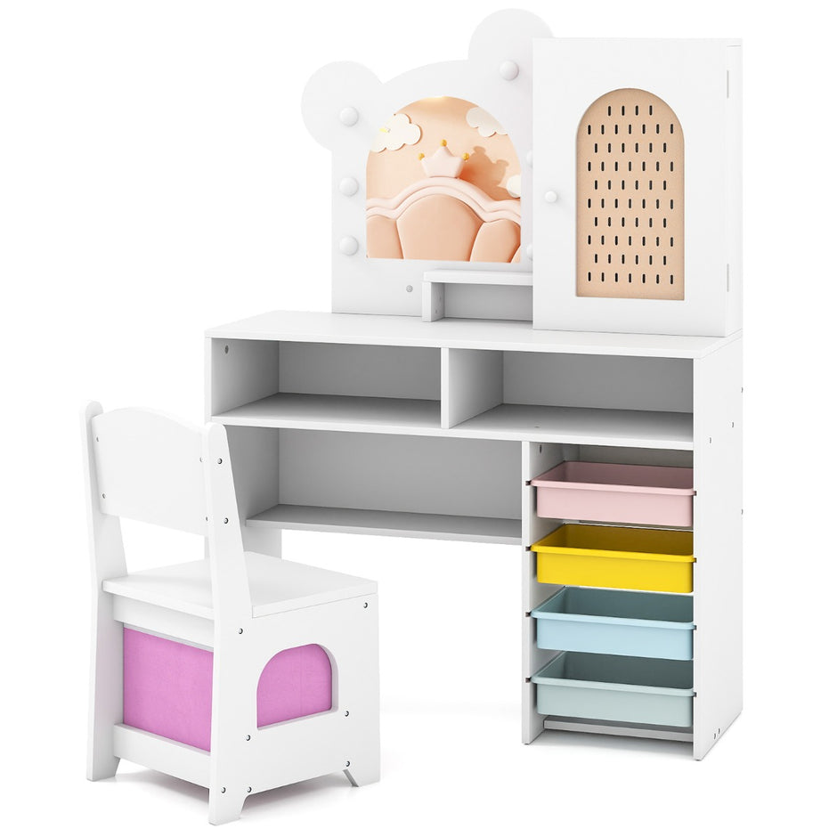 Barnsminkbord – med belysning Prinsessansminkbord och stolsset lådor fack Vitt – 5 2 – Vit