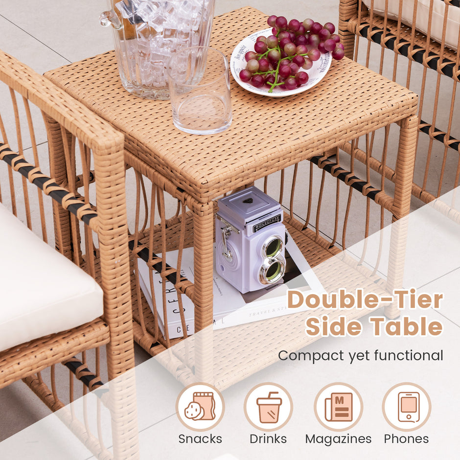 delat – Rattan Trädgårdsmöbel Set Balkongmöbler med fåtöljer puffar och vånings kaffebord Loungeset – 5 2 2 2 – Natur