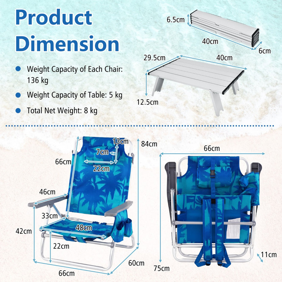 Set – Strandstolar Med Bord Vikbara Campingstolar Justerbart Ryggstöd Kokospalm – 2 – Ljusblå