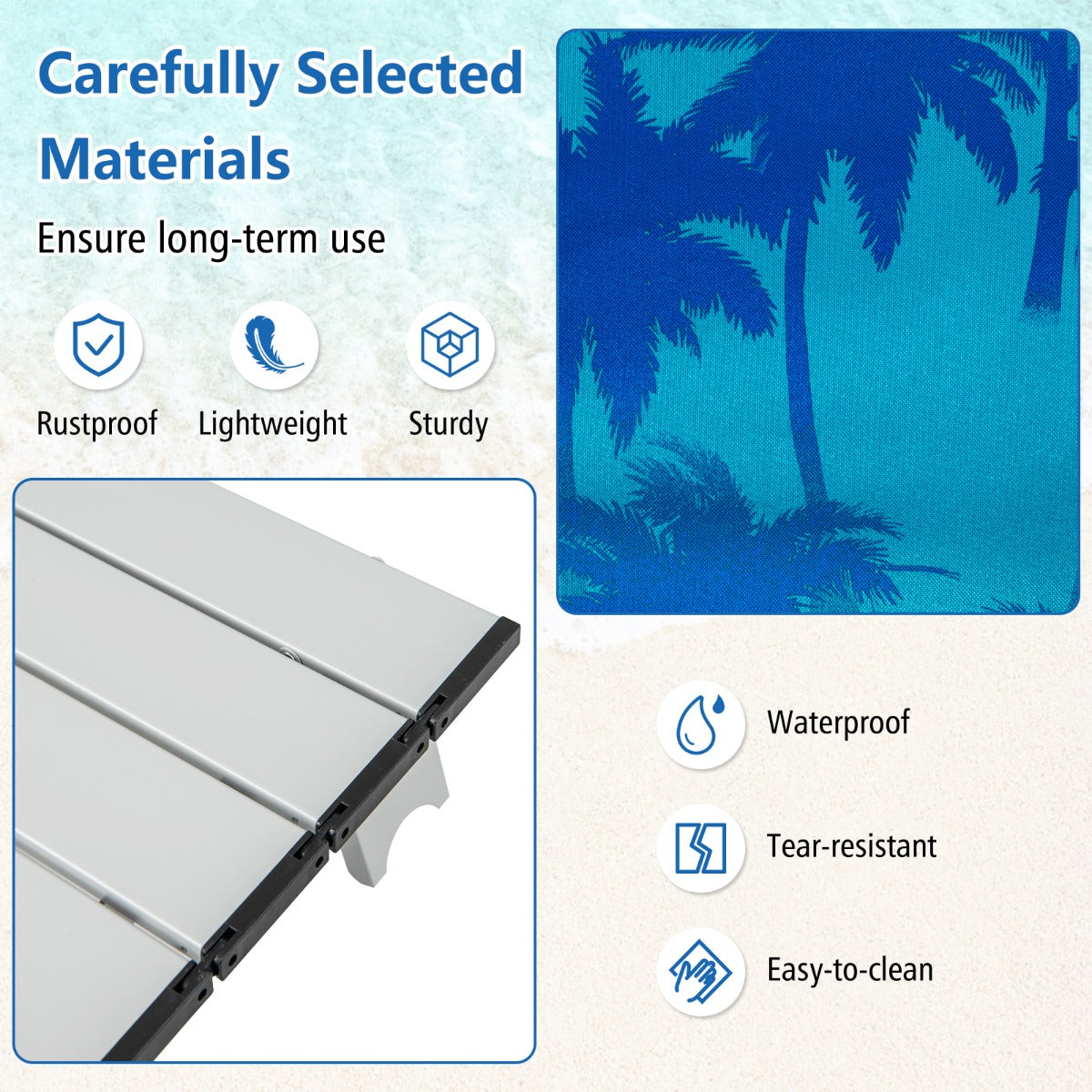 Set – Strandstolar Med Bord Vikbara Campingstolar Justerbart Ryggstöd Kokospalm – 2 – Ljusblå