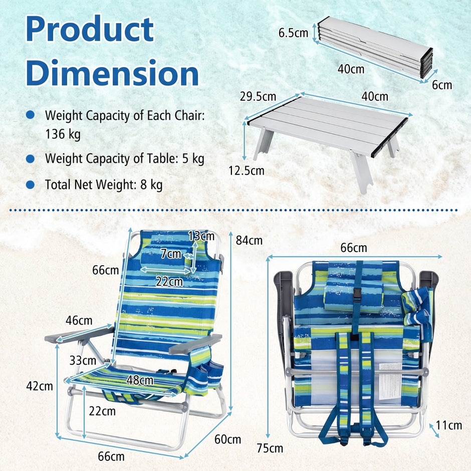 set – strandstolar med bord Hopfällbara campingstolar justerbar ryggstöd + – 2 – Blå och grön