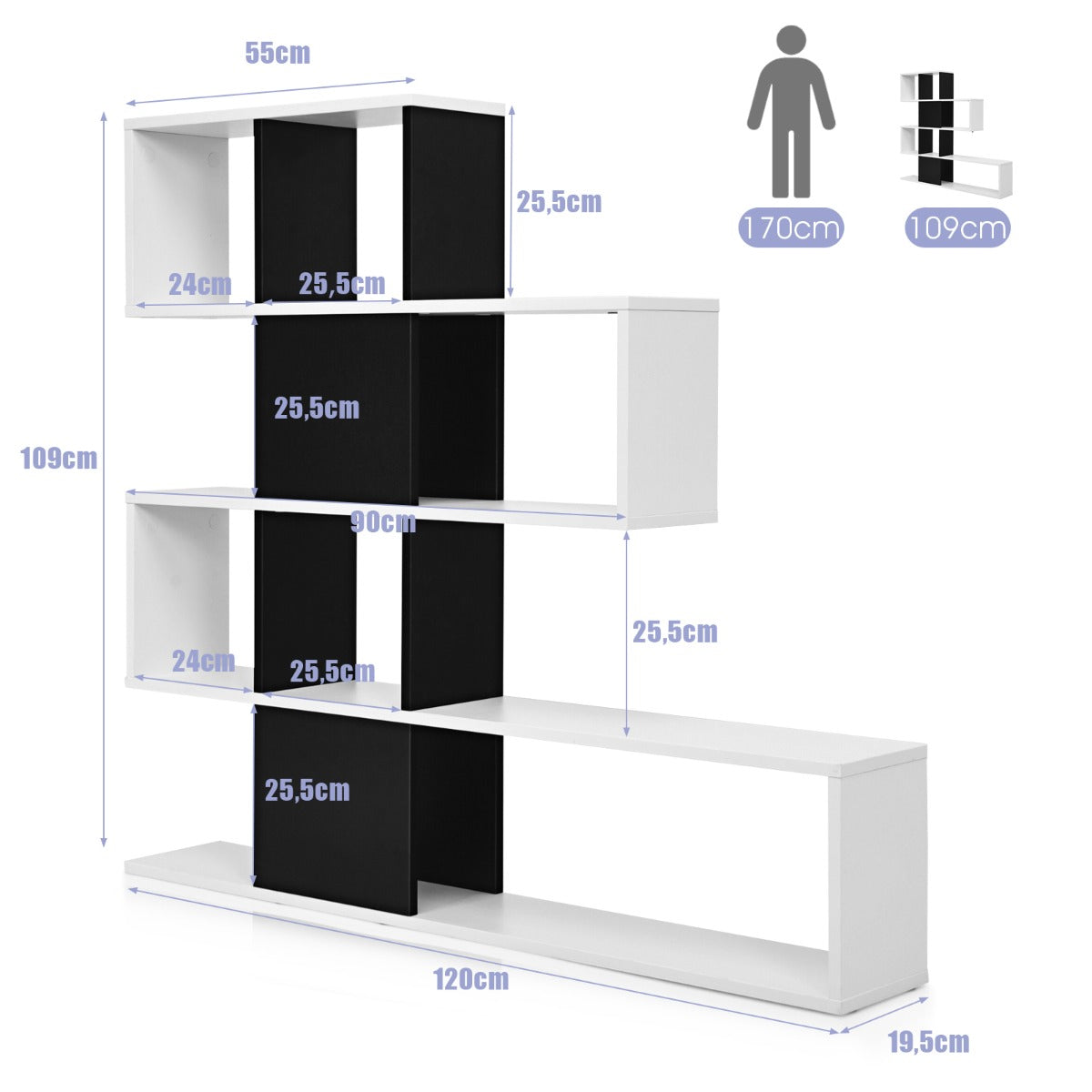 Modern – rumsavdelare i trä i våningsstil för böcker och – 5 120 x 19,5 x 109 cm – Svart och vit