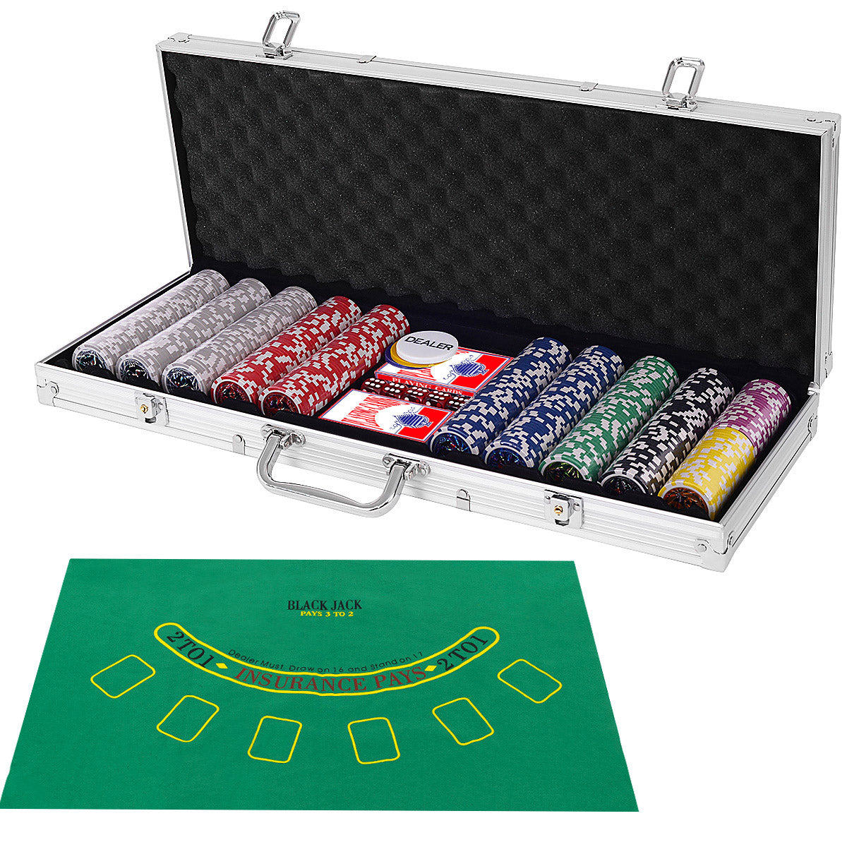 delade – Casino Poker Set med marker och spelkort tärningar dealer bordsduk – 500 – Silver