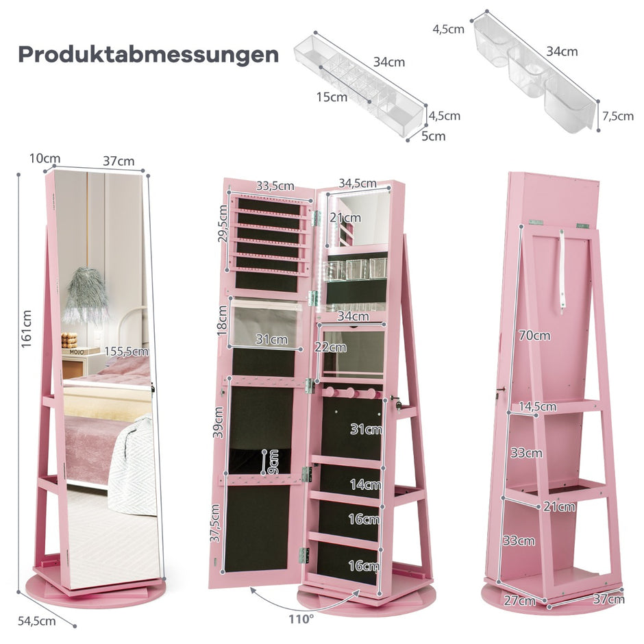 360° – vridbar smyckeskåp med trefärgade LED lampor Fristående spegelskåp – Rosa