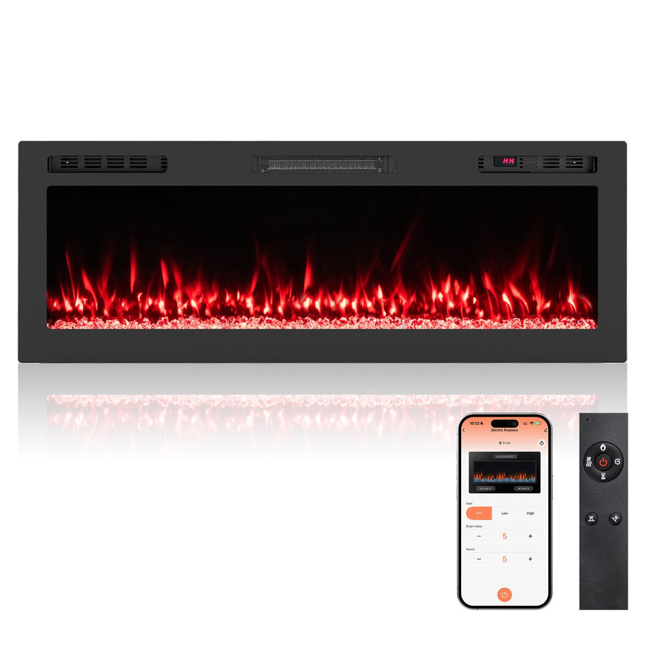 50" – elektrisk öppen spis med värme W/1500 W Inbyggd fjärrkontroll och appstyrning WiFi – 750 – Svart