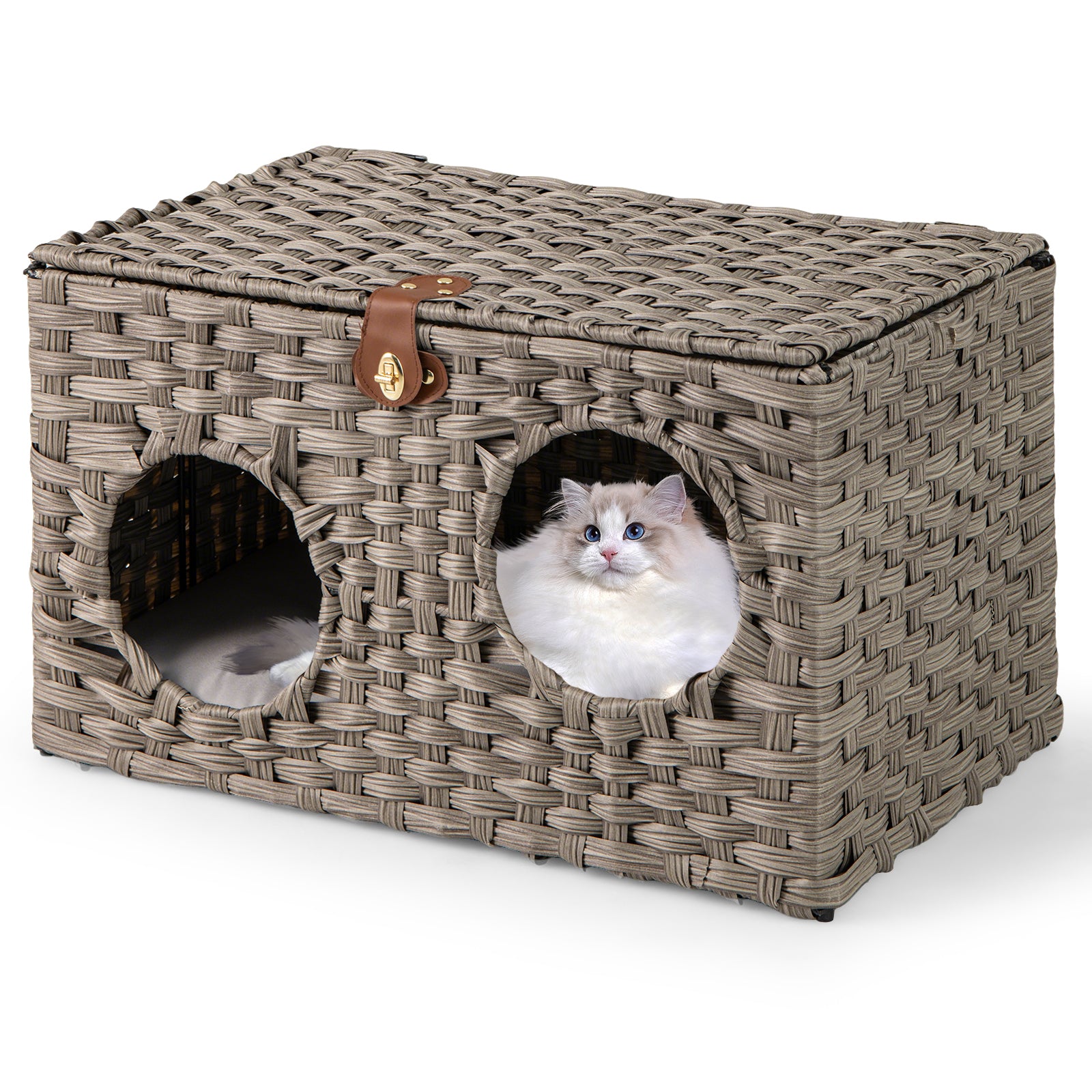 Katt – hus av PE Rattan Fällbar säng med avtagbara kuddar och låsbart lock – 60 x 35 x 35 cm – Grå
