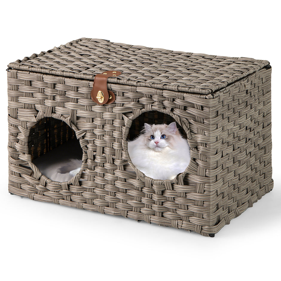 Katt – hus av PE Rattan Fällbar säng med avtagbara kuddar och låsbart lock – 60 x 35 x 35 cm – Grå