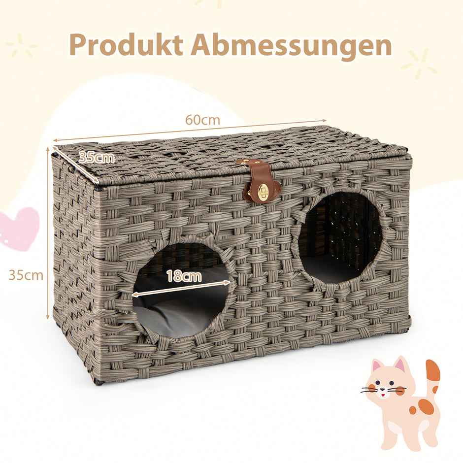 Katt – hus av PE Rattan Fällbar säng med avtagbara kuddar och låsbart lock – 60 x 35 x 35 cm – Grå