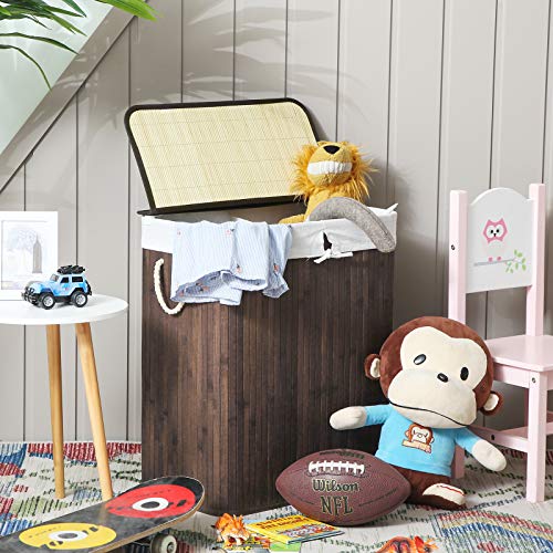 Wäschereikorb - Bambuswäsche - mit 2 Fächern, Deckel und abnehmbarer Wäschebeutel