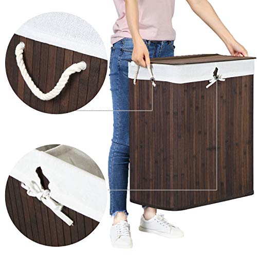 Wäschereikorb - Bambuswäsche - mit 2 Fächern, Deckel und abnehmbarer Wäschebeutel