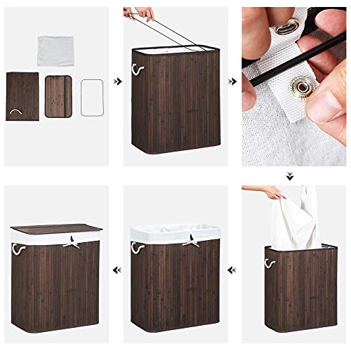 Wäschereikorb - Bambuswäsche - mit 2 Fächern, Deckel und abnehmbarer Wäschebeutel