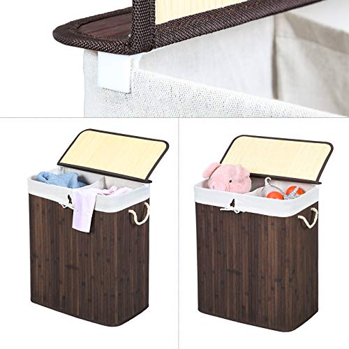 Wäschereikorb - Bambuswäsche - mit 2 Fächern, Deckel und abnehmbarer Wäschebeutel