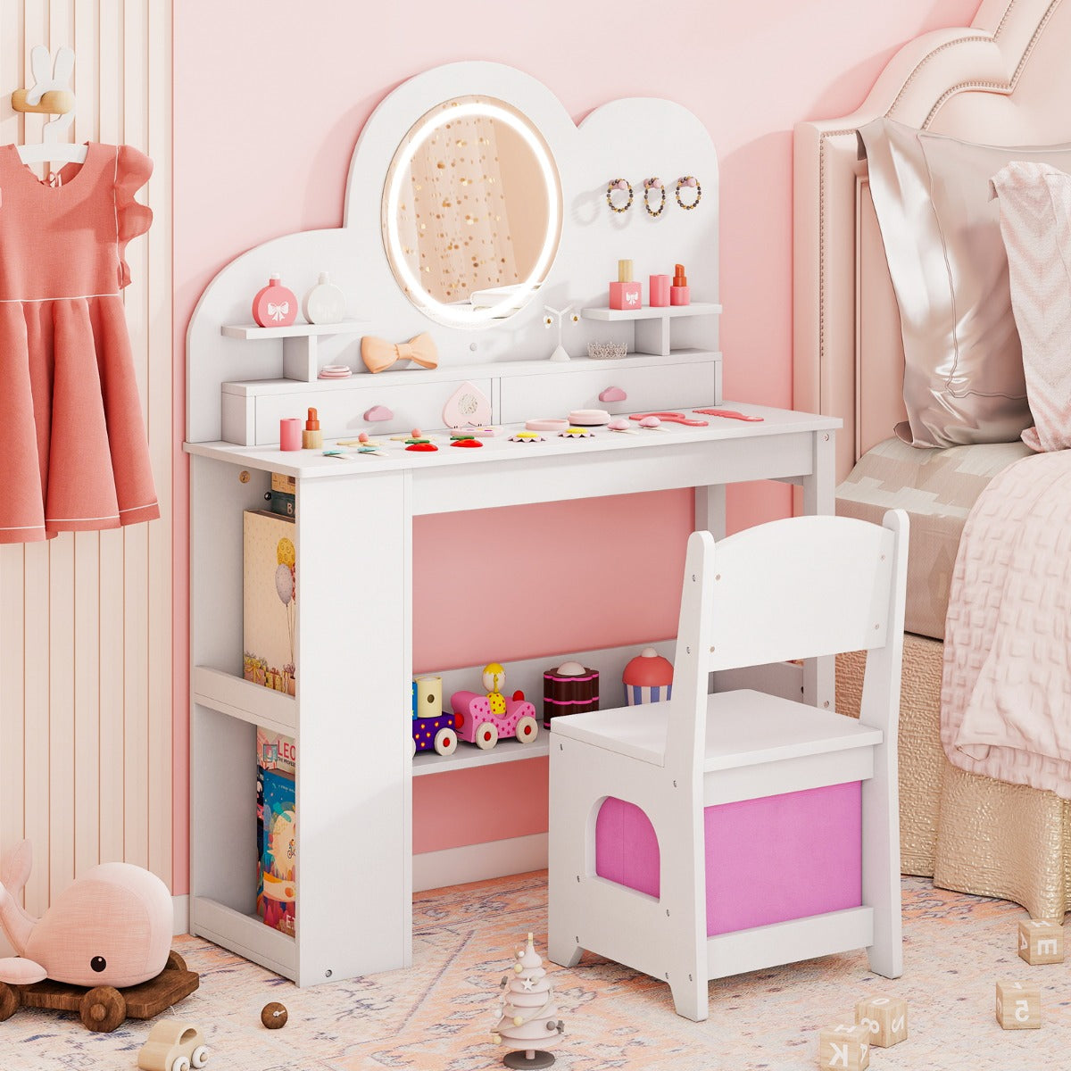 Barnsminkbord – med belysning Prinsessans frisörbord och stolsset lådor Vitt – 2 – Vit