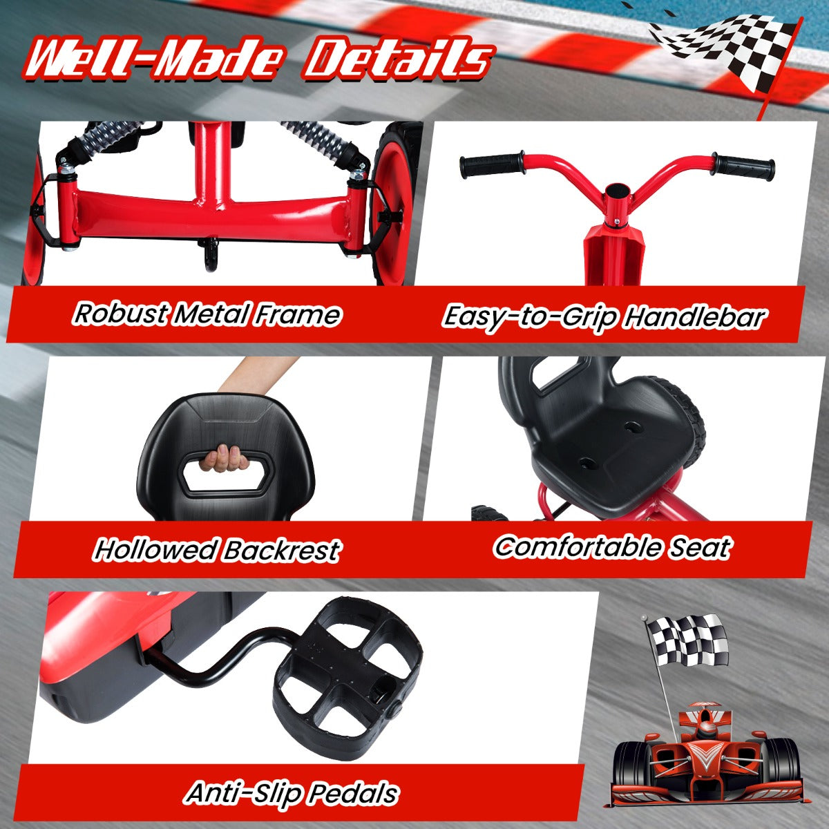 Barn – gokart för utomhusbruk Justerbar sits, pedal framåt/bakåt, år – 3-8 – Röd
