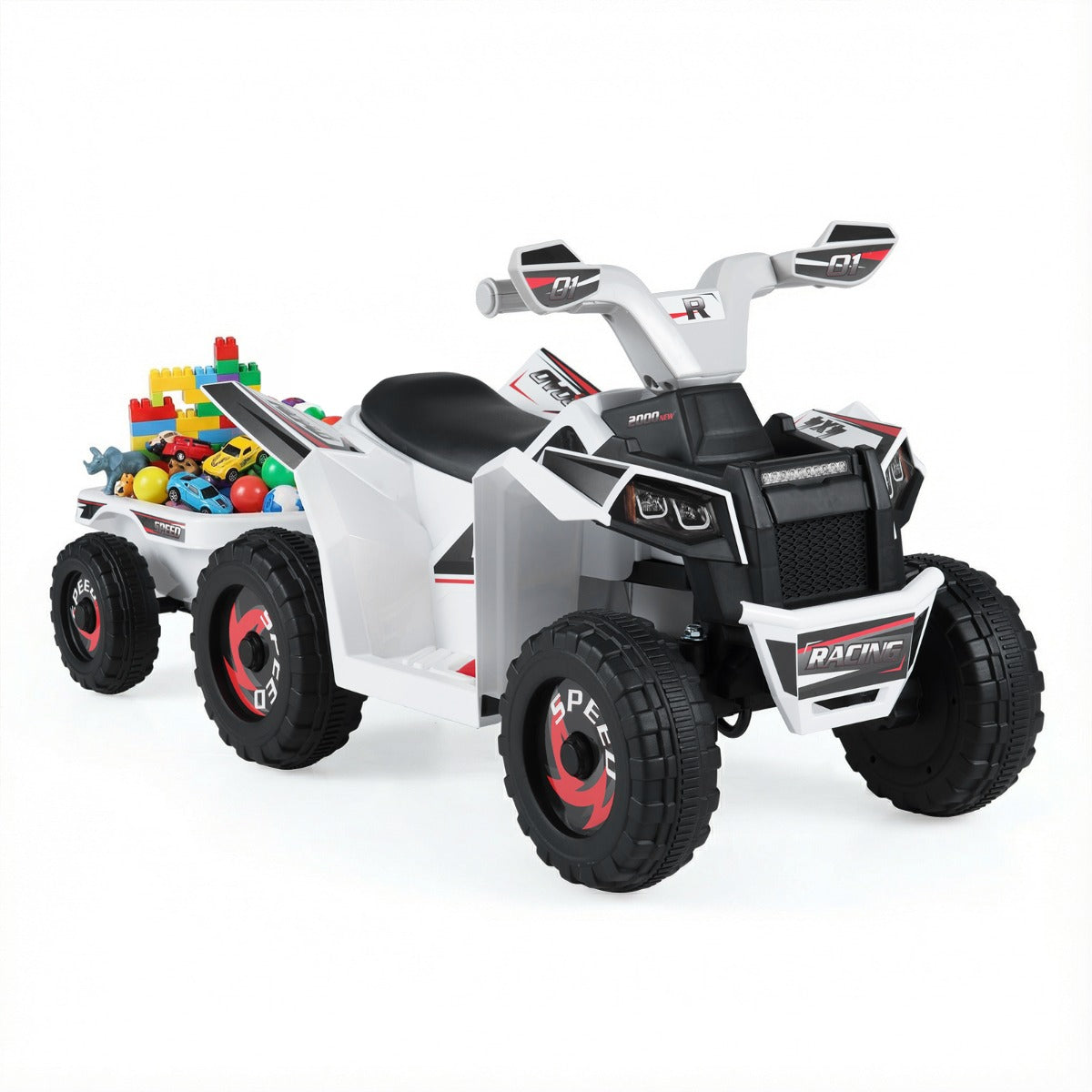 6V – barn elektrisk ATV med släpvagn elfordon slitstarka hjul – Vit