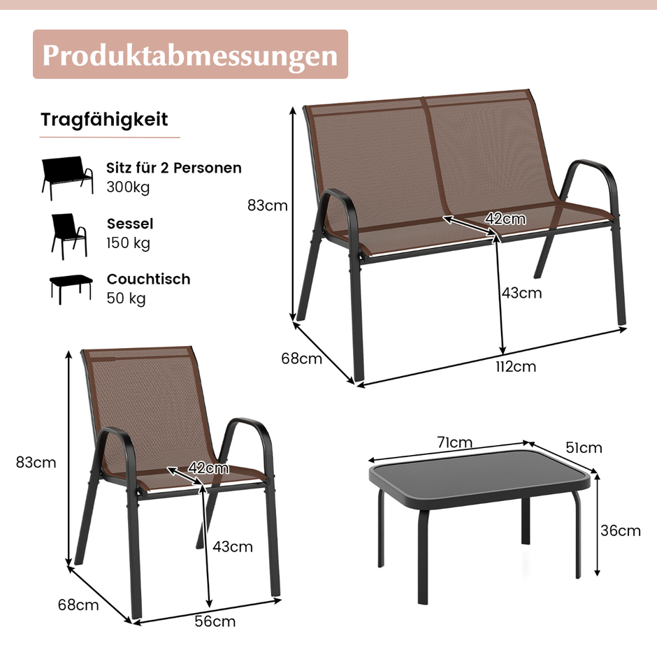 delat – patio metallstolset modernt och bordset med tygöverdrag bordsskiva av härdat glas – 4 – Brun