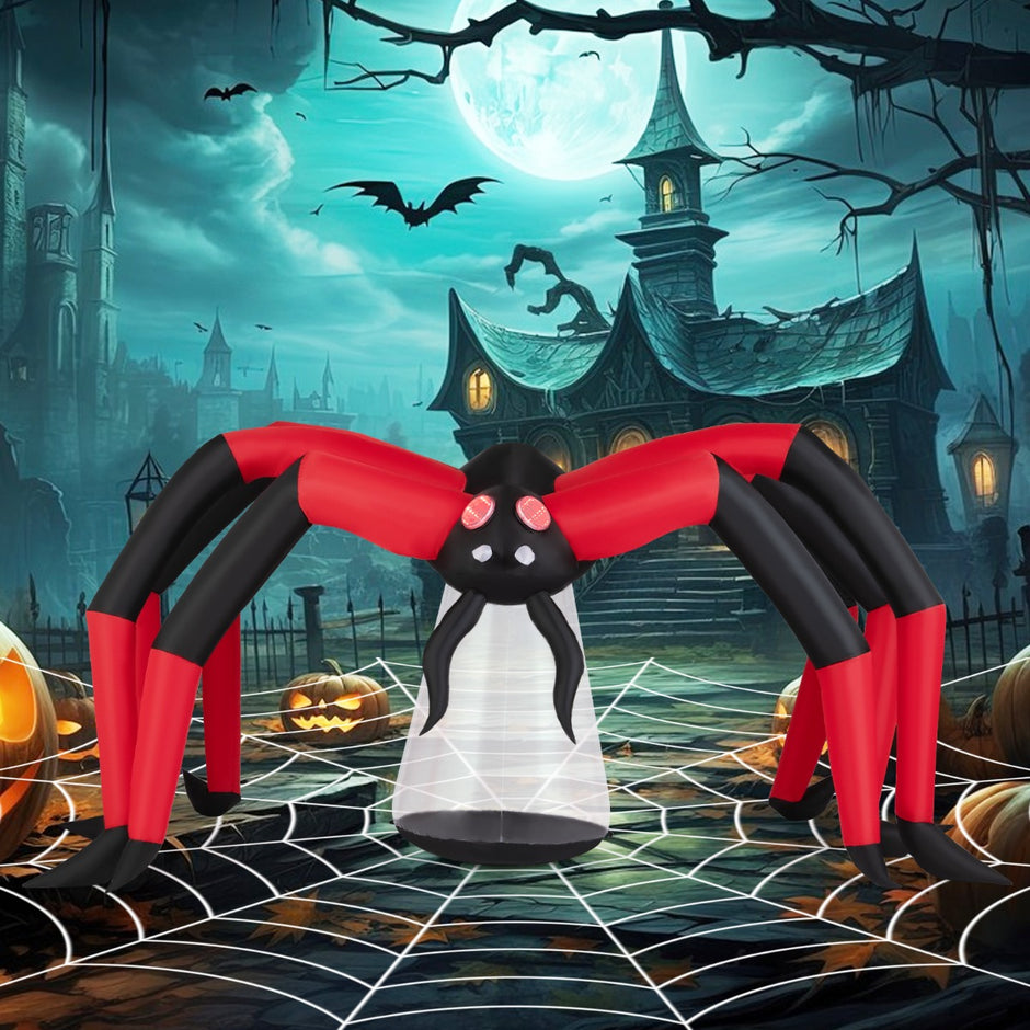 Lång – uppblåsbar halloweenspindel, läskig spindeldekoration med röda tunnelögon och LED belysning – 313 cm – Röd