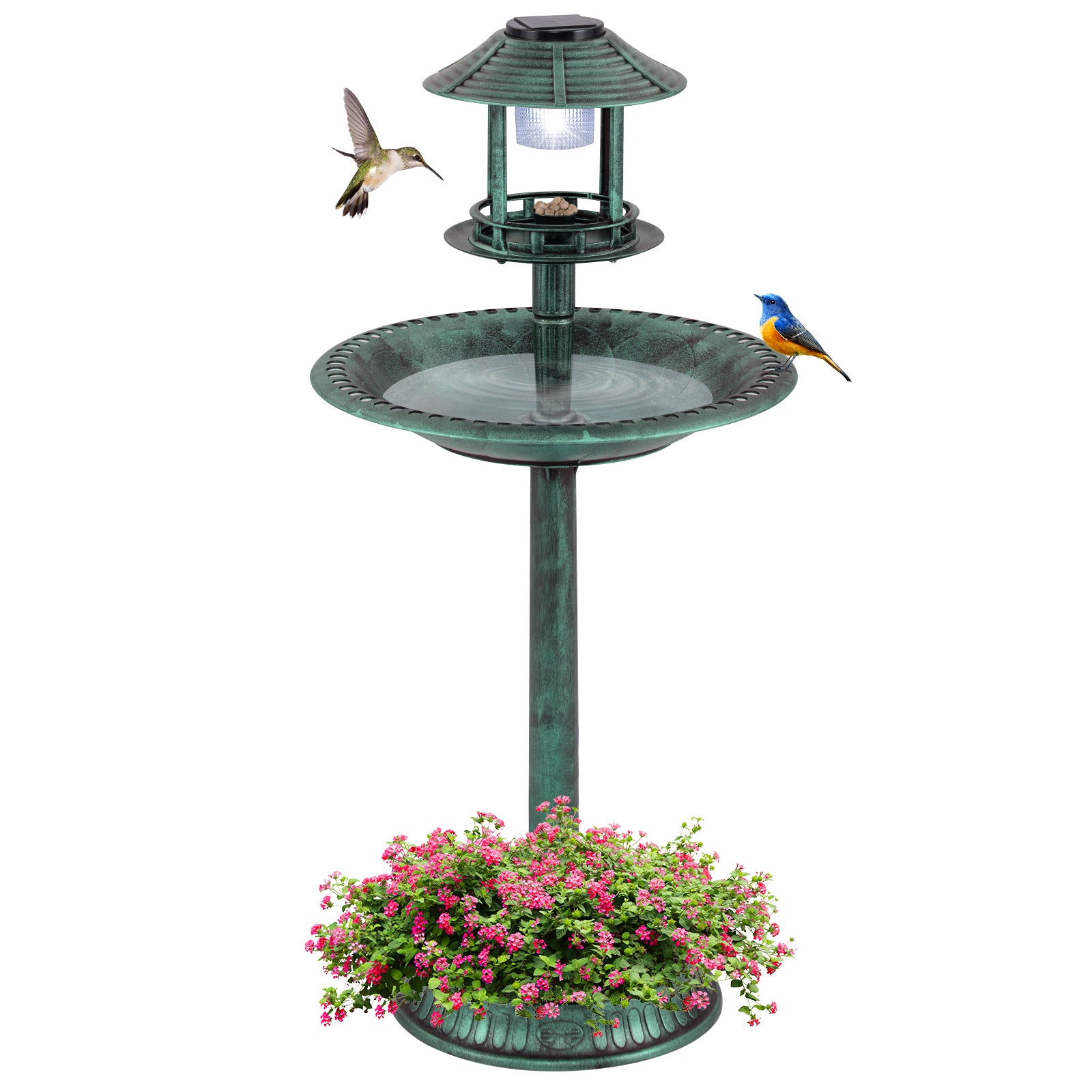 Fågelbad – med solarlampa och blomkruka fågelmatare fågelmatningsstation mat dispenser – Grön
