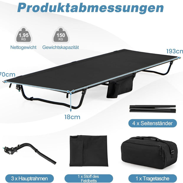 Ultralätt – fältbädd campingbädd med sidoficka bärbar hopfällbar säng bärförmåga – 150 kg – Svart