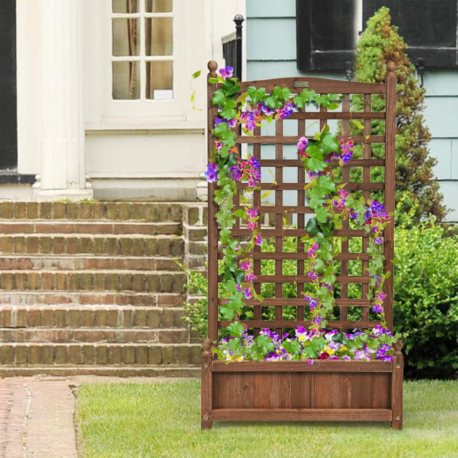 Blomlåda – med spaljé, planteringslåda i trä för klätterväxter, högbädd – 64,5 x 28 x 120 cm – Brun
