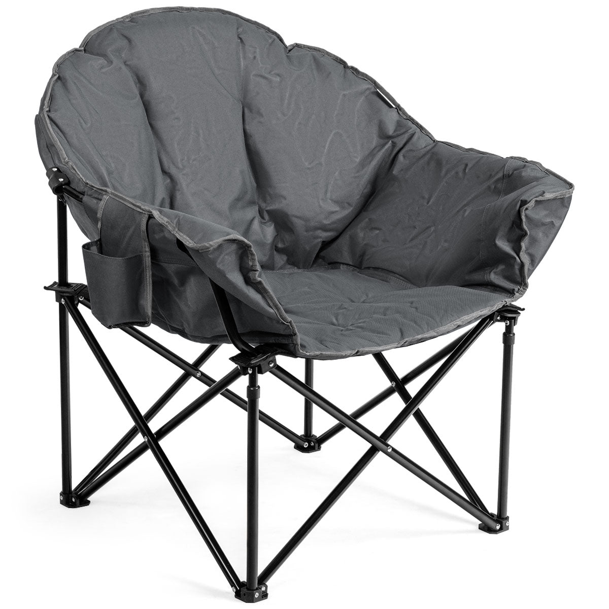 Överdimensionerad – Camping Vikstol Kudde Vadderad Månstol Rund med Mugghållare Vikbar Fatstol Bärförmåga upp till – 200 kg – Grå