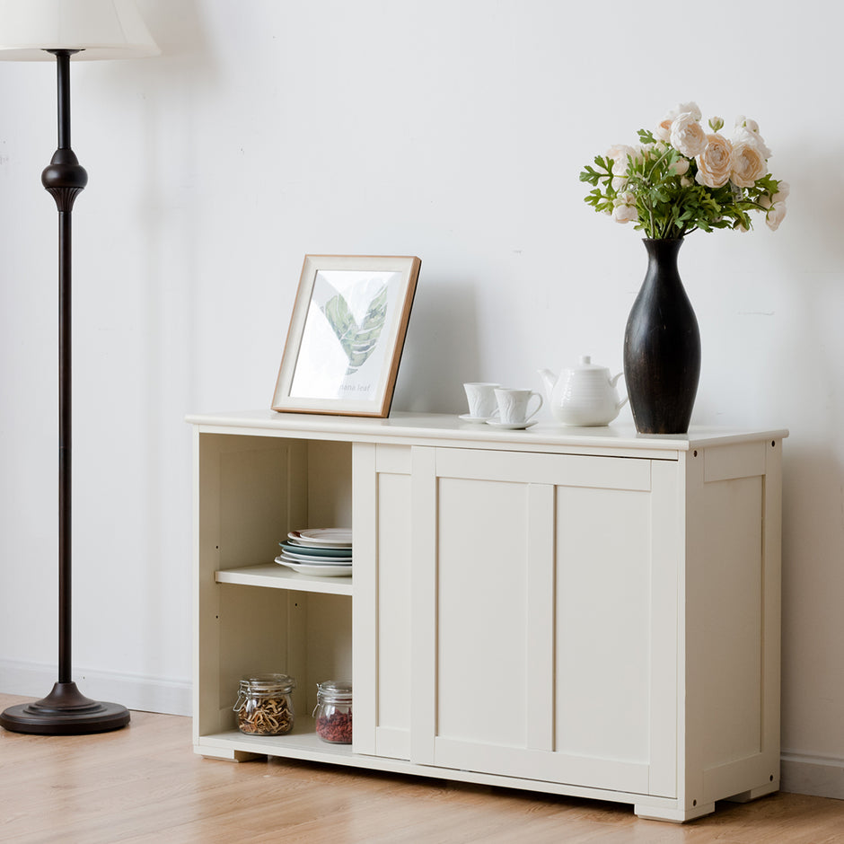 Skänk – Köksskåp Sidoskåp med skjutdörrar Vit/Brun – 106,5 x 33 x 60 cm – Beige