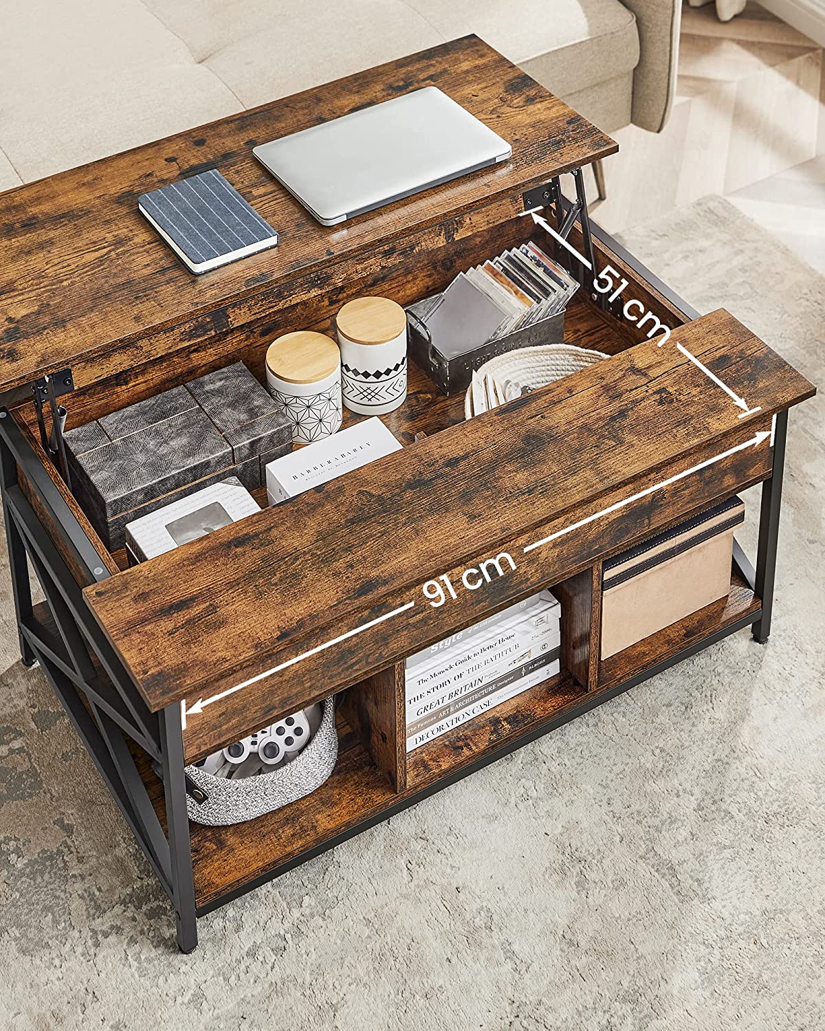 Couchtisch - Wohnzimmertisch - mit verstecktem Lagerraum - Vintage Brown -black