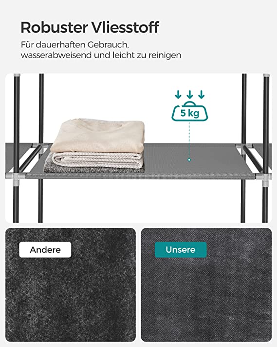 Kleiderschrank - Stoffkoffer - 2 Hangabschnitte - mit Regalen - Grau