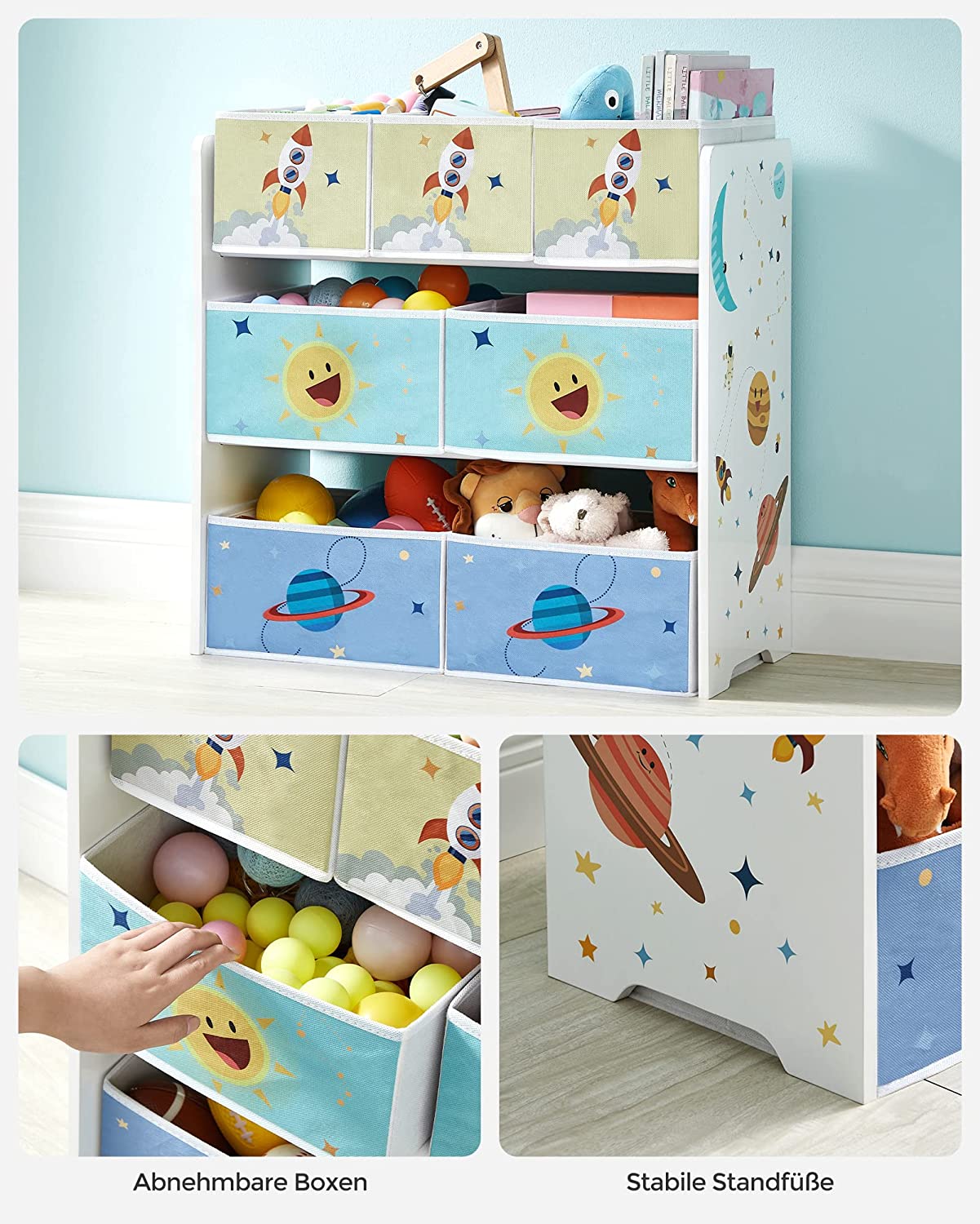 Kindergärtenständer - Spielzeugschrank - mit 7 Aufbewahrungsboxen mit Stoffen - Weiß