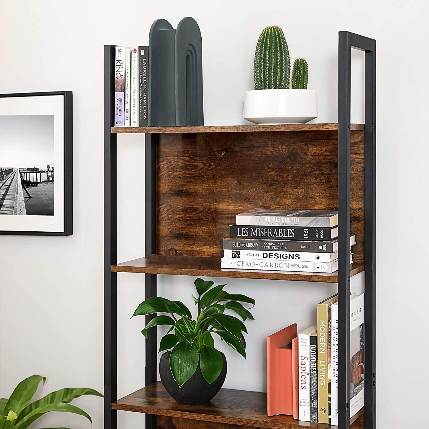Buchregal - Wohnzimmerschrank - Holzbretter - Metallrahmen - Brown