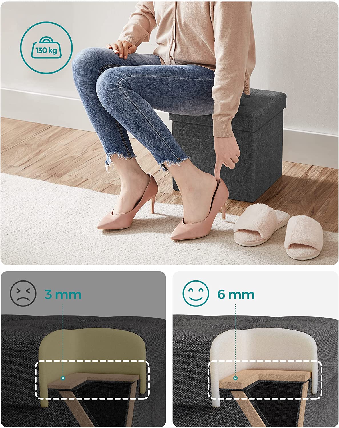 Sitzhocker - mit Stauraum - klappbarer Hocker - Footstool - Dunkelgrau