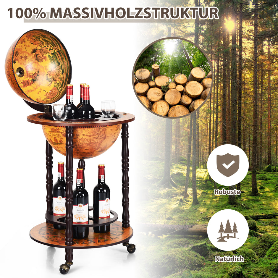 Rolling – Globus vinstativ bar på hjul för vin – 47 x 47 x 90 cm – Brun
