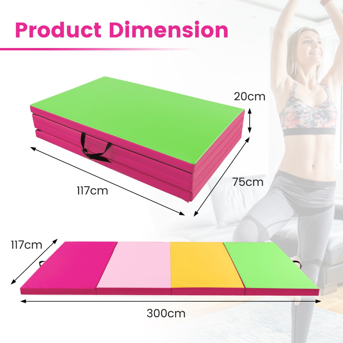 Mjuk – golvmatta av konstläder med klätterfäste och bärhandtag + – 300 x 117 x 5 cm – Rosa + grön
